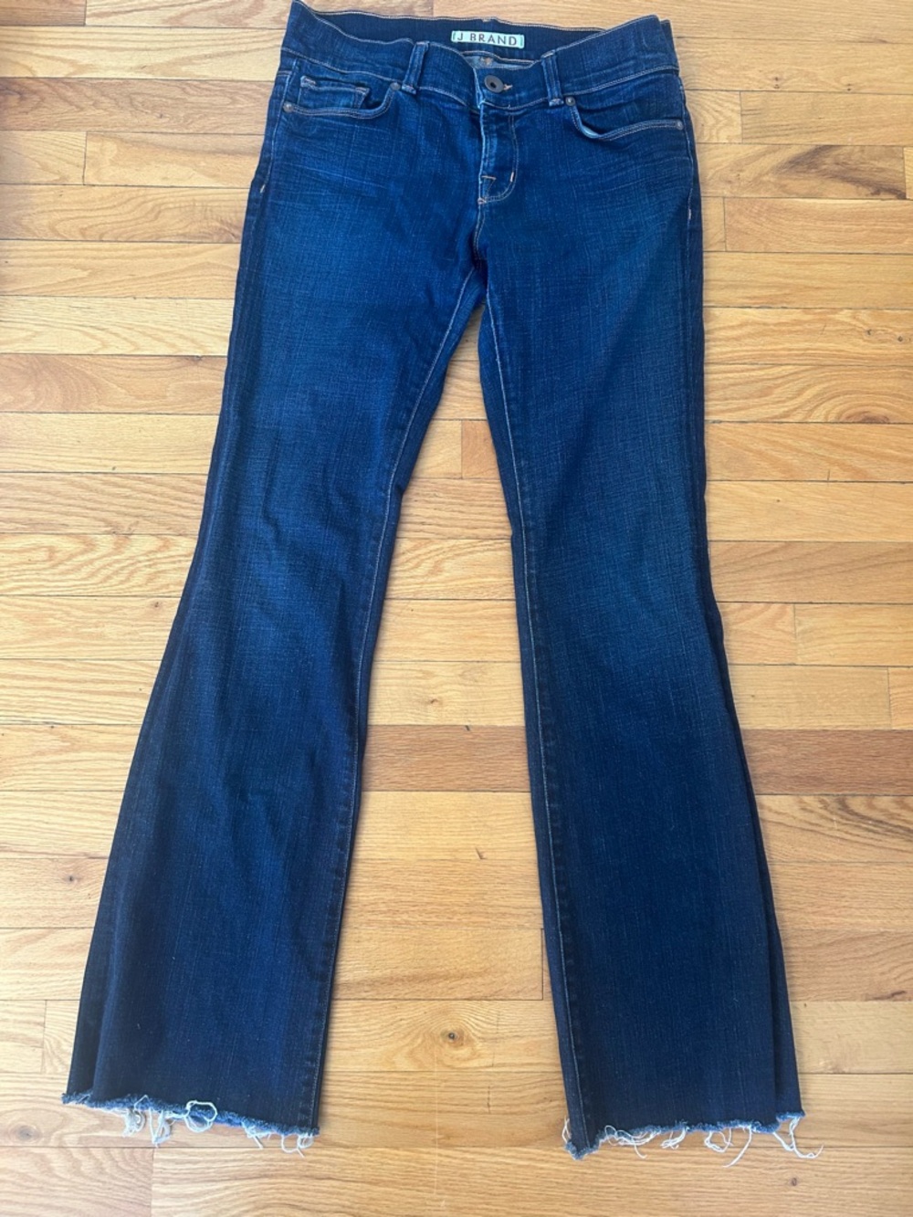 J Brand Dark Indigo Flare Jeans with Raw Hem. Size 29
